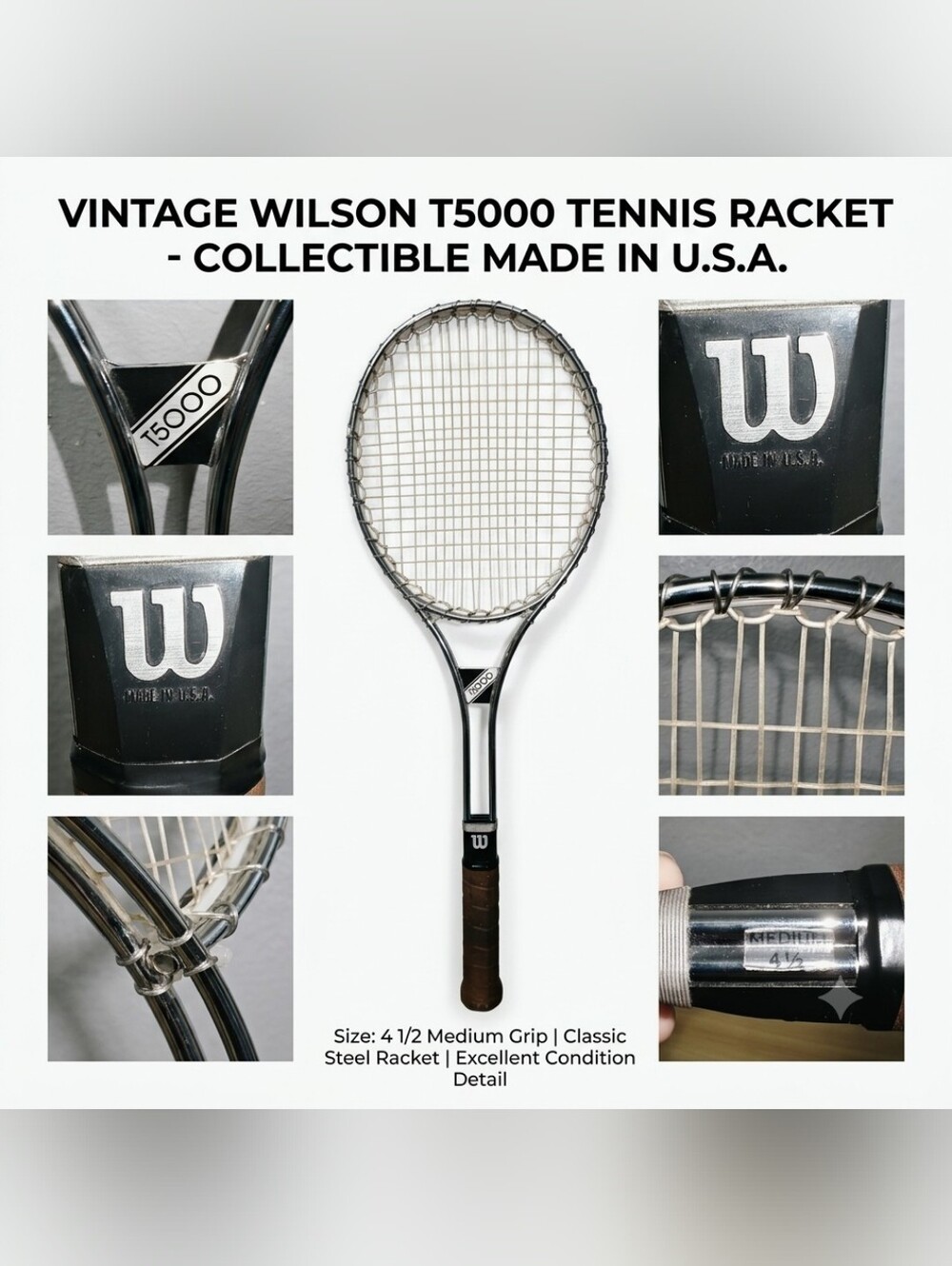 Wilson T5000 Tennis Racquet Racket Vintage USA Metal Display Prop 4 1/2
